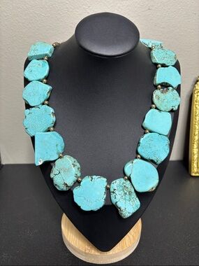Chunky Large Turquoise Slab Gold Tone Beaded Southwestern Statement Necklace